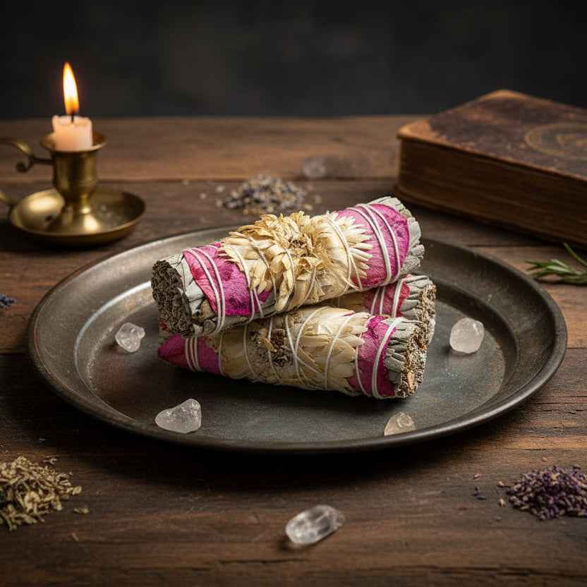 Three dried sage and flower bundles wrapped in white string rest on a round metal tray, with a lit candle, crystals, and an old book in a rustic setting.