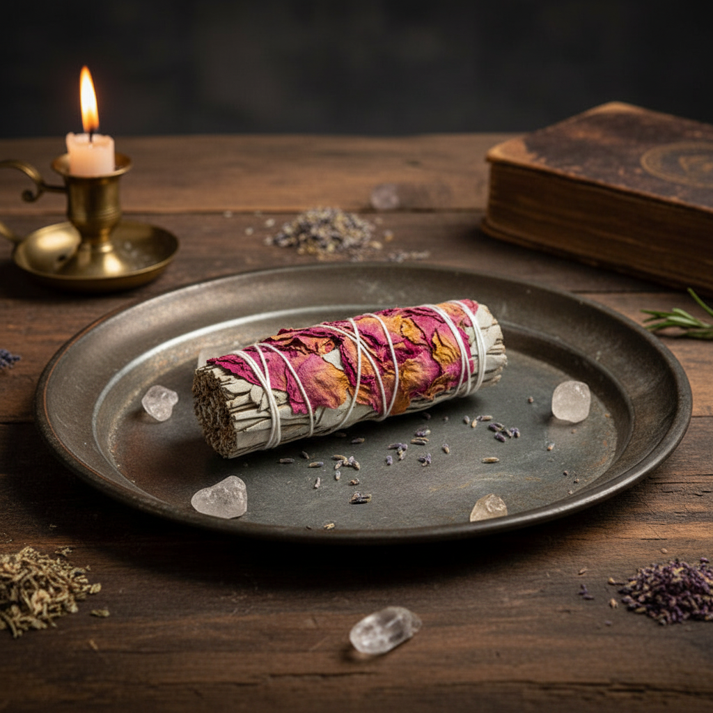 One single sage bundle laying on a vintage metal tray on a old wooden witches table, no smoke