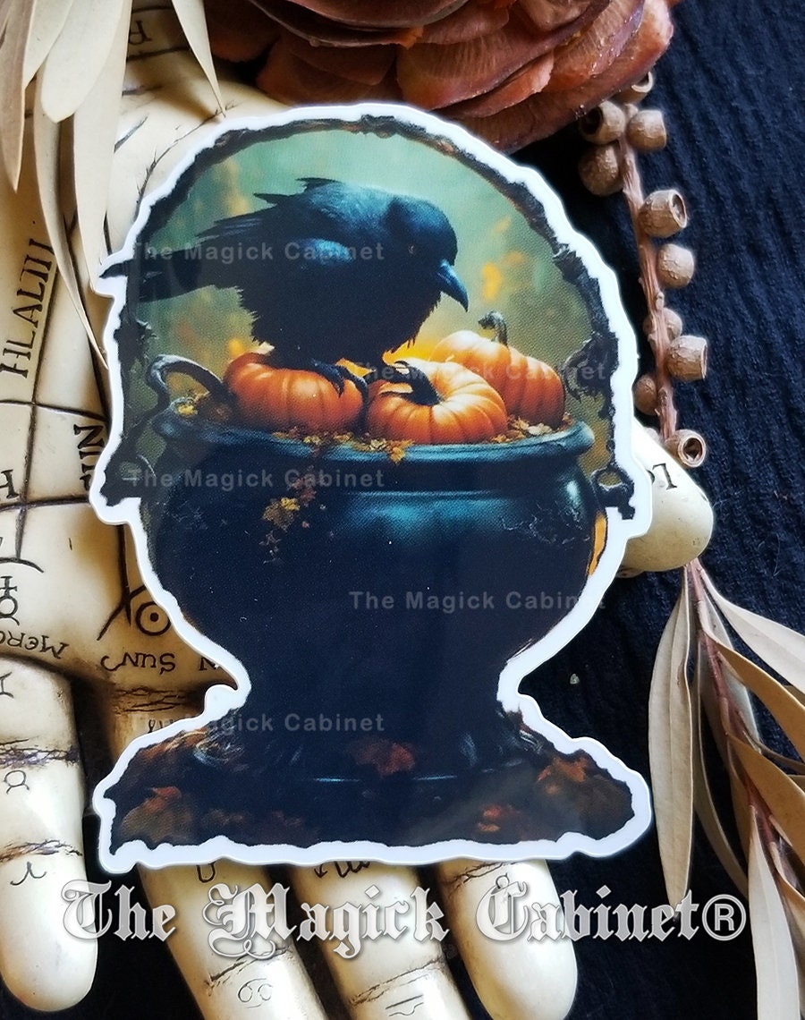 Cauldron Crow Halloween Sticker: Crow & Pumpkins Vinyl Decal