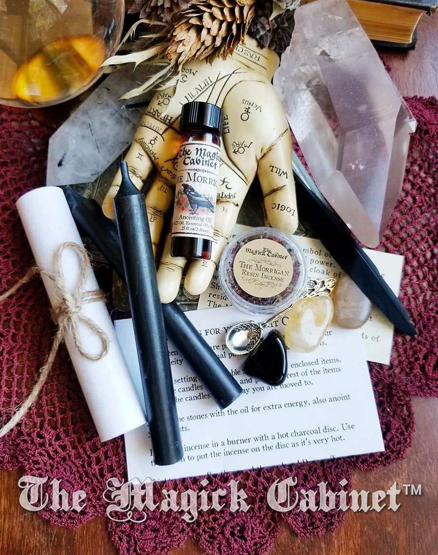 The Morrigan Offering Bag: Goddess Invocation Kit with Oil, Incense and Crystals - Instructions Included