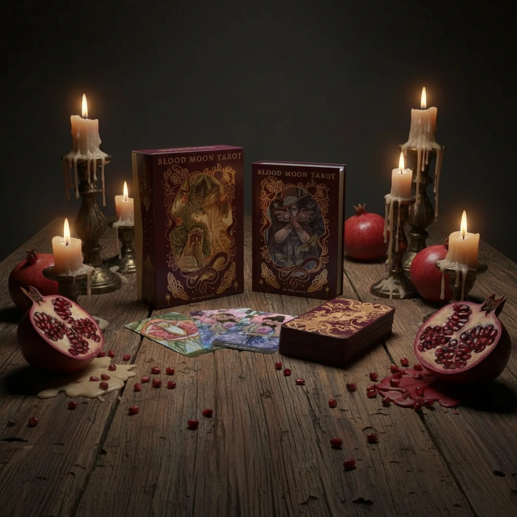 Blood Moon Tarot cards with packaging sitting on an old wooden table with candles in holders and pomegranates