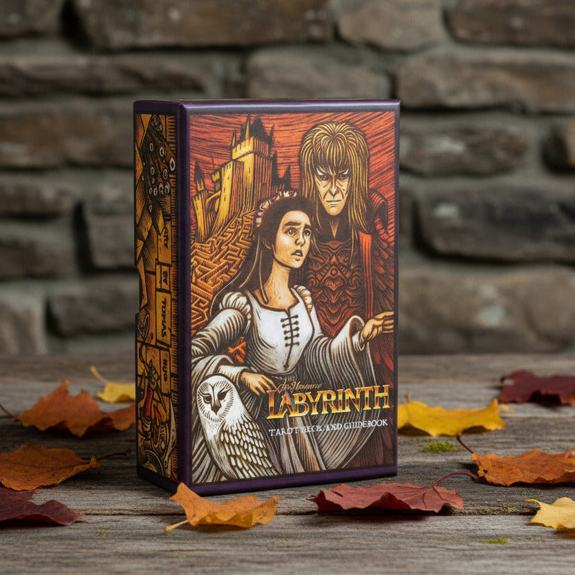 Labyrinth tarot deck and guidebook packaging with illustrations of characters and owl.