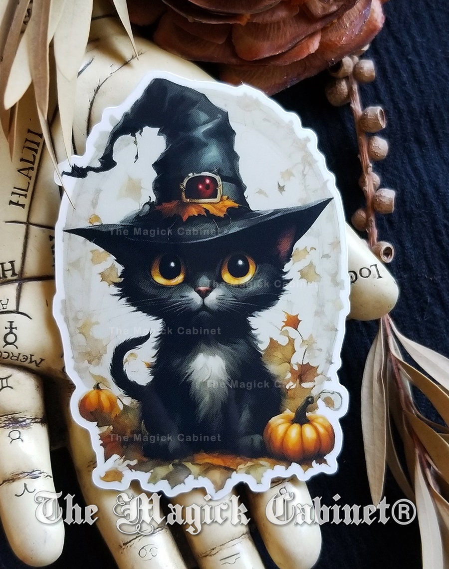 Black Cat Witch Vinyl Sticker: Halloween Samhain Art