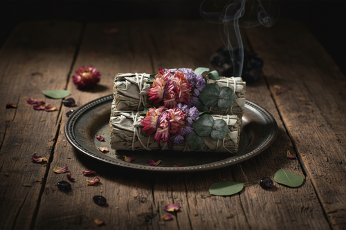 sage bundles laying on a vintage metal tray on a old wooden witches table