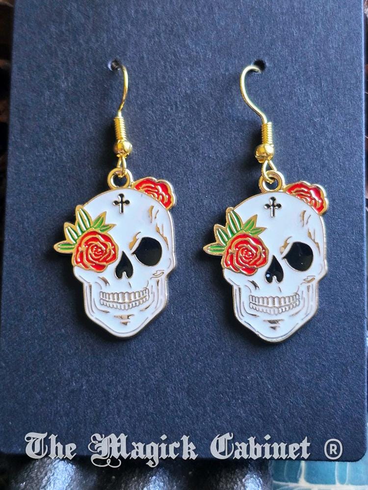 Enamel Skull Earrings with Butterflies Mushrooms and Flowers: Gothic Halloween Jewelry