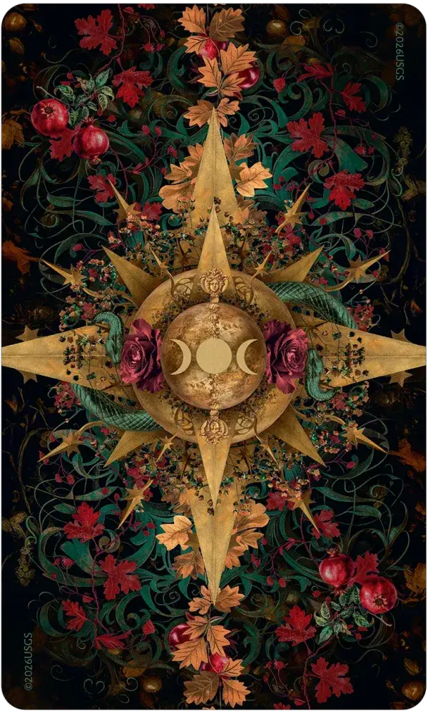 Decorative card with a gold star design, moon phases, and flowers on a dark background, Card back.