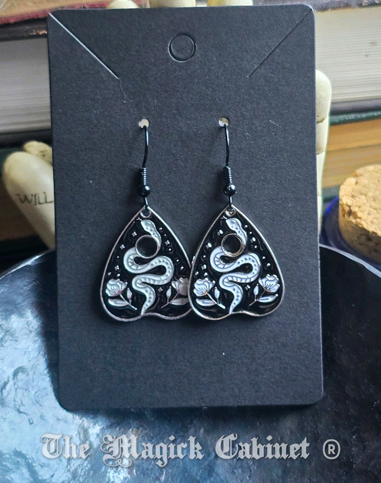 Planchette Snake Earrings: Black & White Enamel Halloween Jewelry