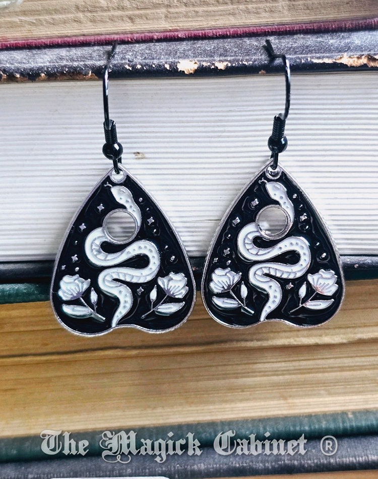 Planchette Snake Earrings: Black & White Enamel Halloween Jewelry