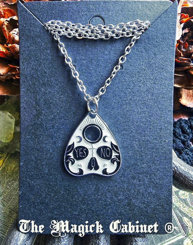 Enamel Planchette Skull Necklace: Macabre Halloween Jewelry