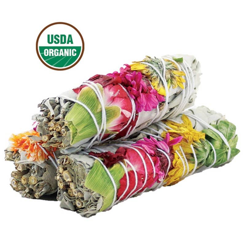 Three colorful floral smudge sticks with a USDA Organic logo on a white background
