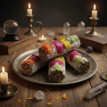 sage bundles laying on a vintage metal tray on a old wooden witches table