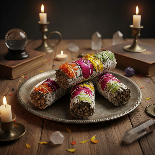 sage bundles laying on a vintage metal tray on a old wooden witches table