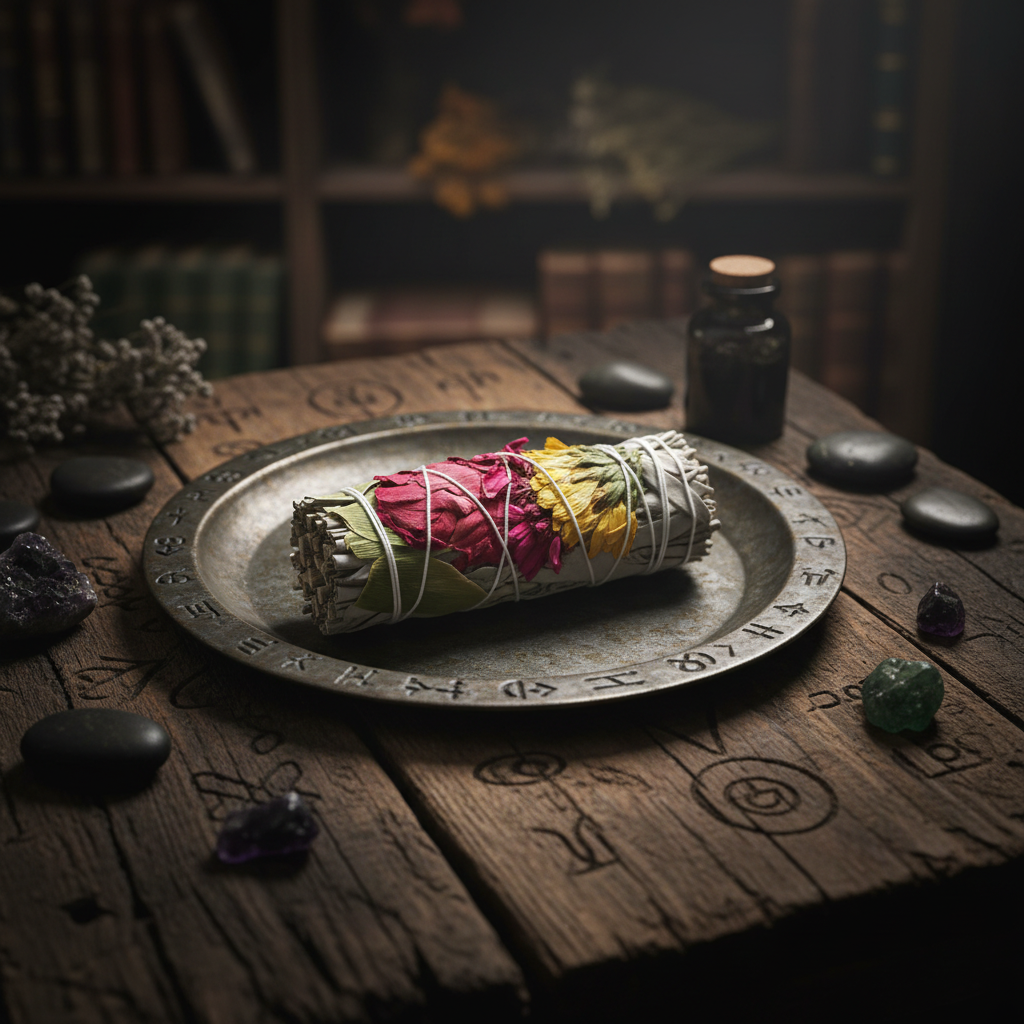 One single sage bundle laying on a vintage metal tray on a old wooden witches table, no smoke