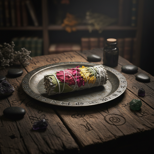 One single sage bundle laying on a vintage metal tray on a old wooden witches table, no smoke