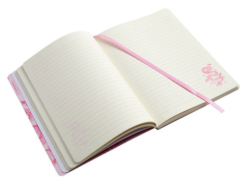 Open notebook with pink trim and decorative elements on a white background