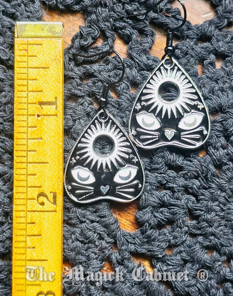 Planchette Cat Earrings: Black & White Enamel Ouija Board Jewelry