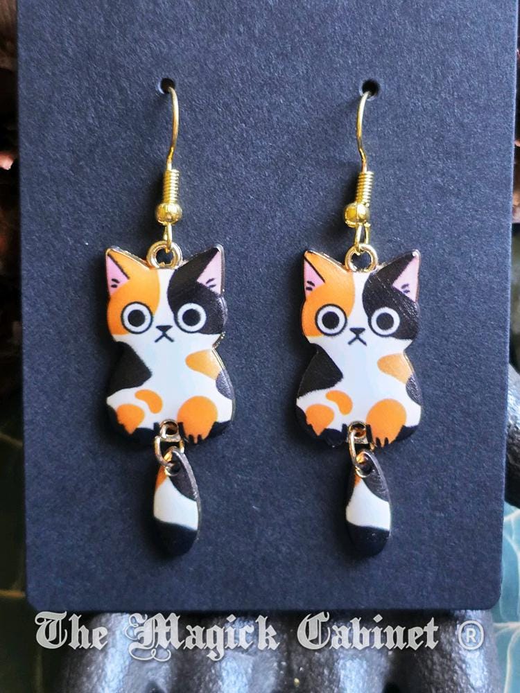Swinging Cat Tail Earrings: Enamel Kitten Charms, Gold Tone Ear Wire