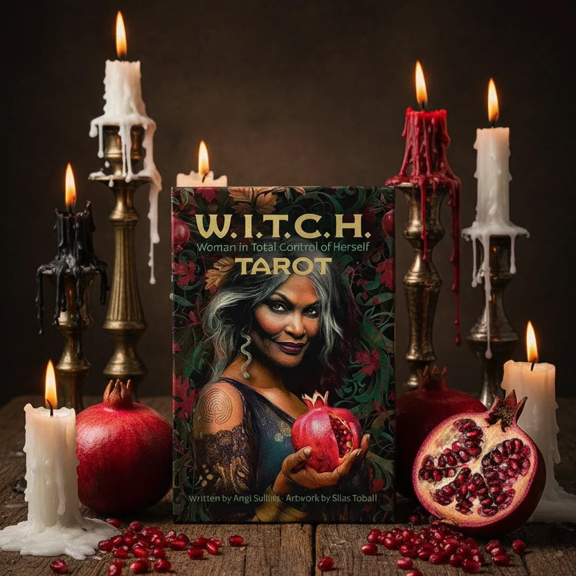 Tarot box of the 'W.I.T.C.H. Tarot' with a woman holding a pomegranate and floral background.