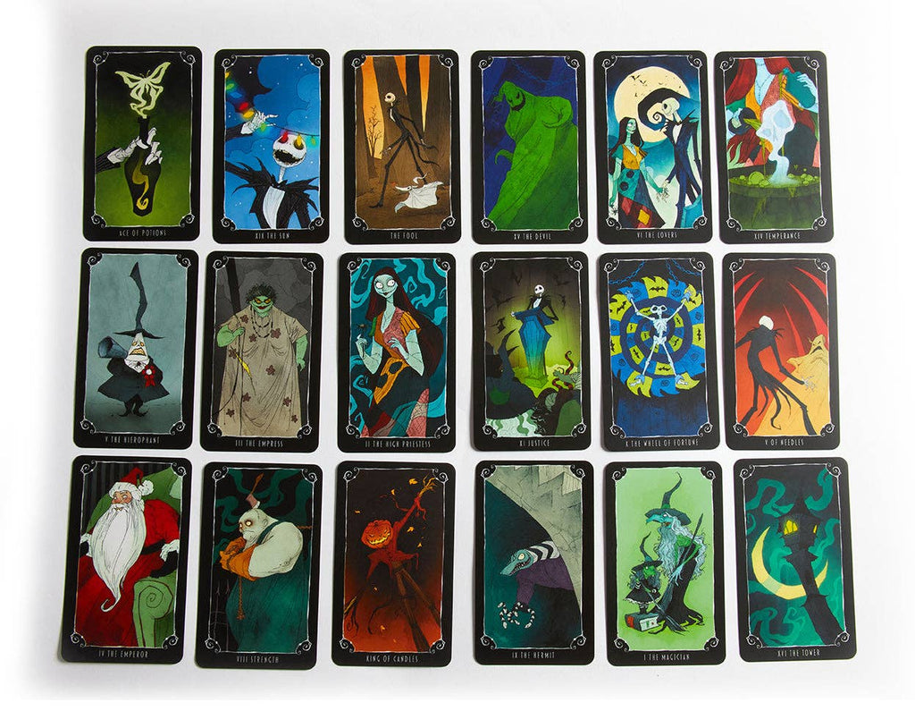 Set of Nightmare before Christmas tarot cards with colorful illustrations on a white background