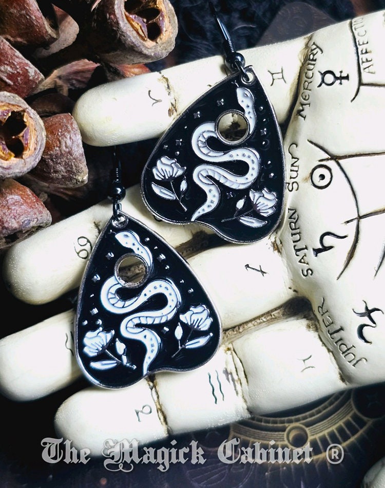 Planchette Snake Earrings: Black & White Enamel Halloween Jewelry