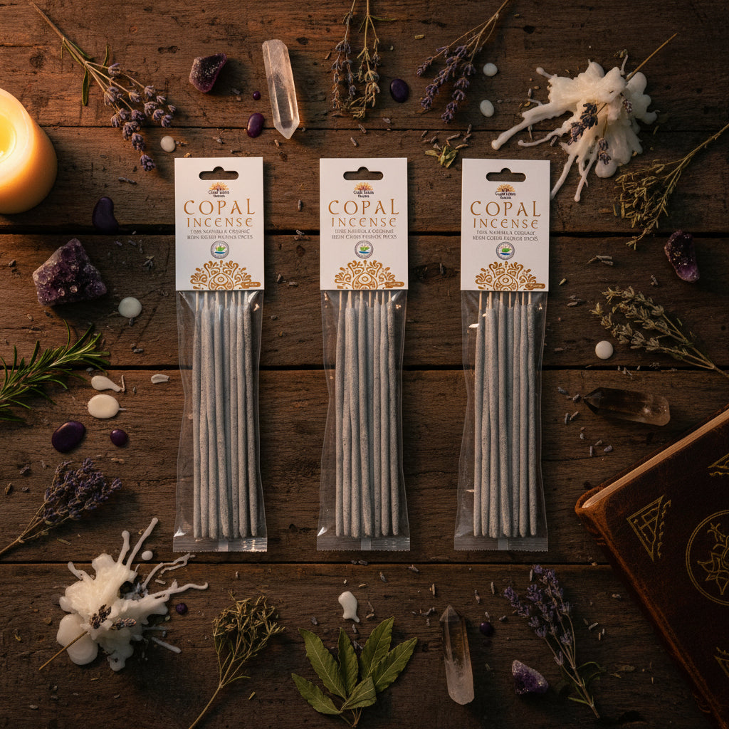 Three packages of Copal Incense sticks on a witches table full of herbs. 