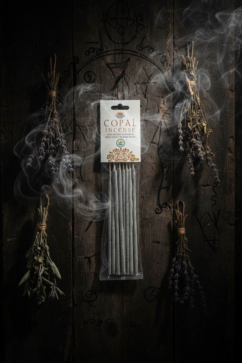 A package of Copal Incense sticks centered on a dark rustic wooden background, surrounded by hanging dried lavender bundles and visible smoke effects.