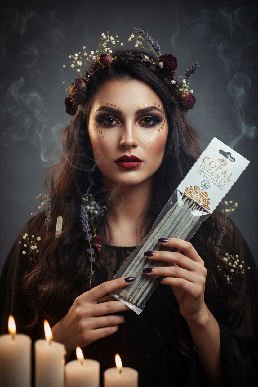 A woman with dark hair, a floral headpiece, and dramatic makeup holds a package of Coral Scents incense sticks in front of a smoky dark background, with lit candles at the bottom of the frame.