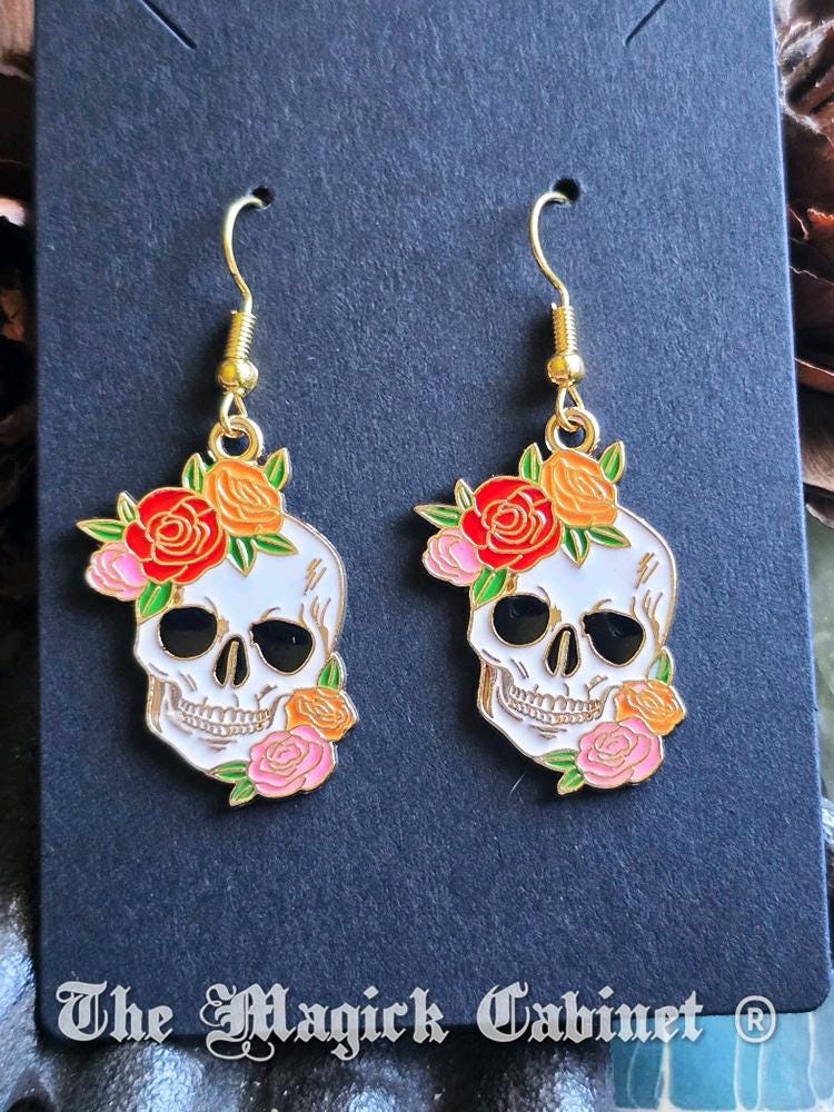 Enamel Skull Earrings with Butterflies Mushrooms and Flowers: Gothic Halloween Jewelry
