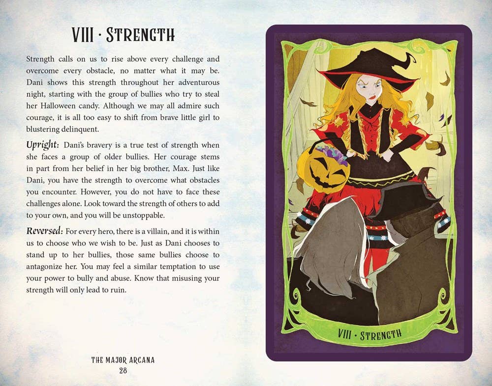 Card from a tarot deck titled 'Strength' with an illustration of a character on a horse.