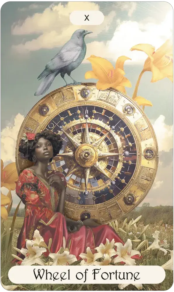 Card featuring a woman, bird, and flowers with 'Wheel of Fortune' text against a cloudy sky.