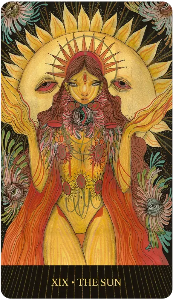 Illustration of a woman with sun and moon elements on a dark background