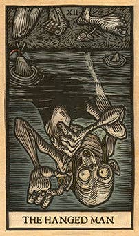 Vintage tarot card illustration of 'The Hanged Man' with dark woodcut style.