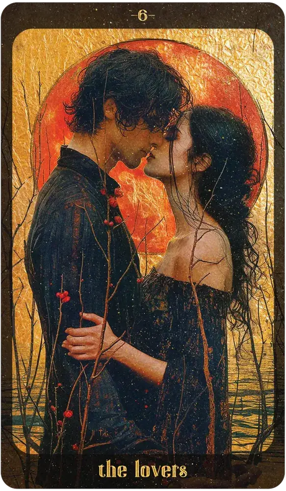 Artistic depiction of 'The Lovers' tarot card with a couple embracing against a sunset background.