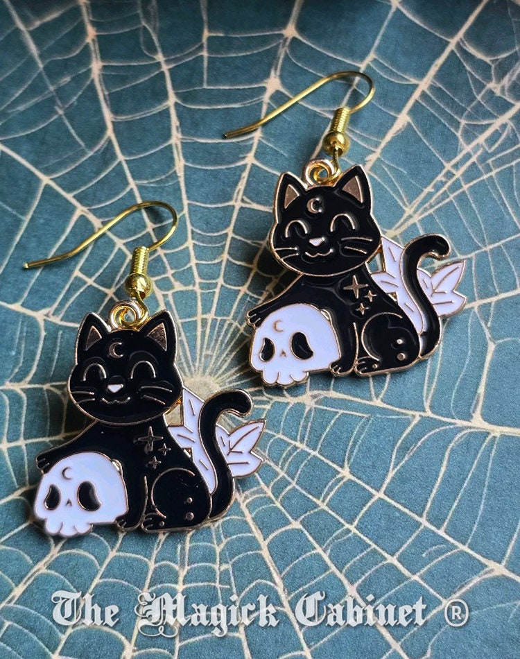Black Cat Enamel Earrings: Witchy Halloween Jewelry