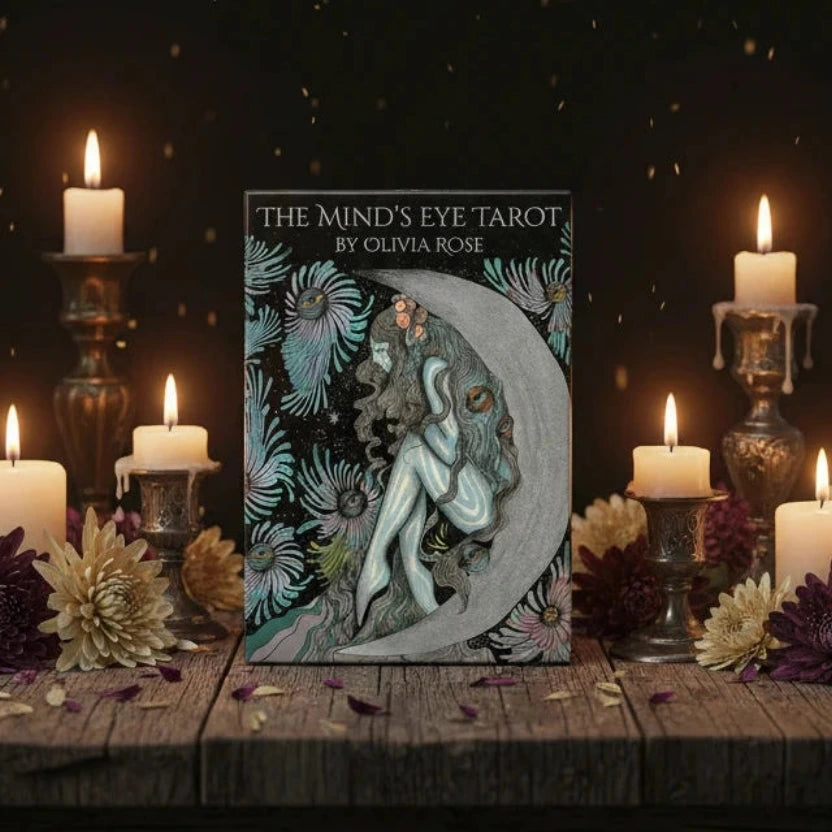 Cover of 'The Mind's Eye Tarot' by Olivia Rose featuring an illustration of a woman with flowers and celestial elements.