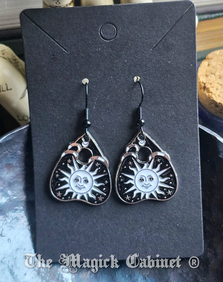 Planchette Sun & Moon Earrings: Boho Witch Enamel Jewelry