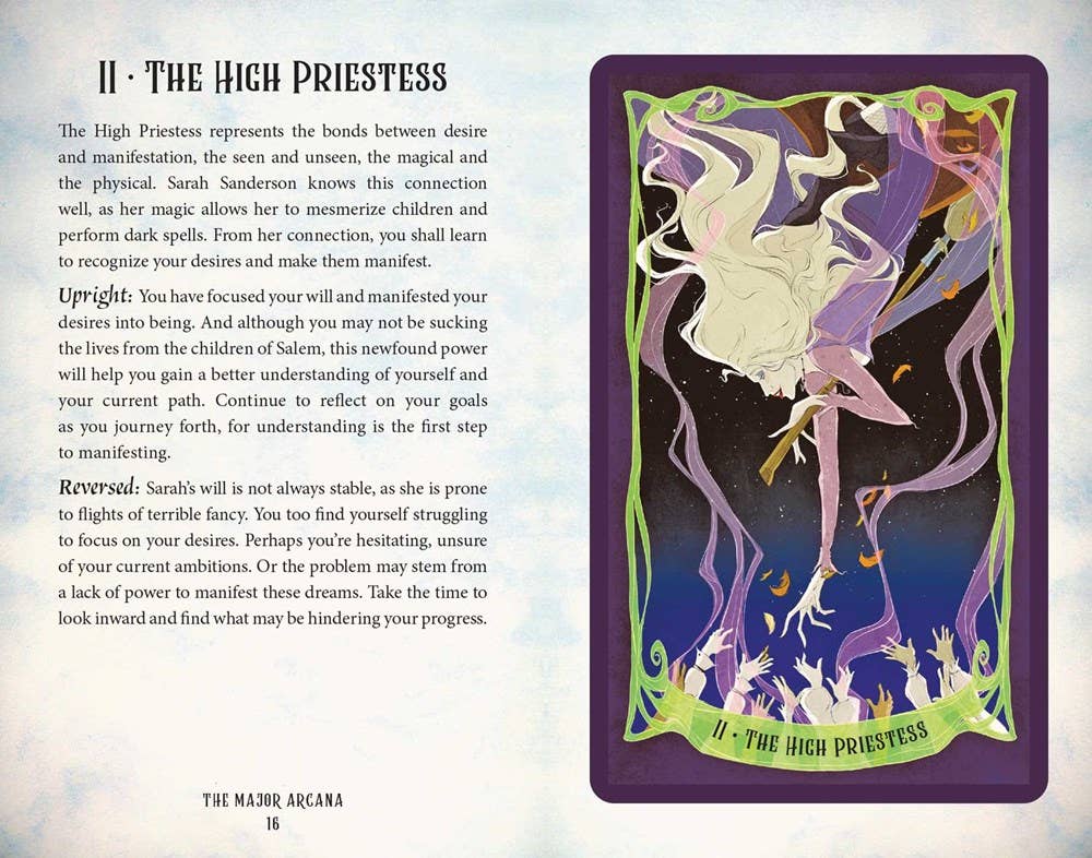 Tarot card titled 'The High Priestess' with descriptive text on a light blue background