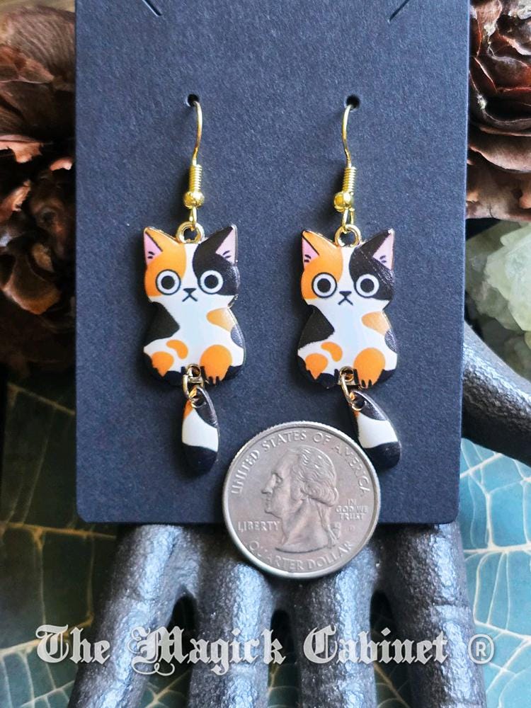 Swinging Cat Tail Earrings: Enamel Kitten Charms, Gold Tone Ear Wire