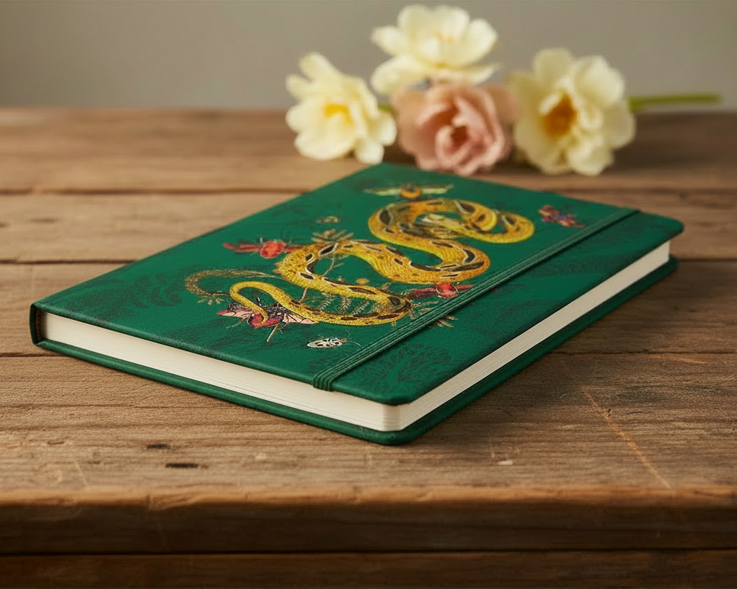 Notebook with a snake and butterfly design on a green background