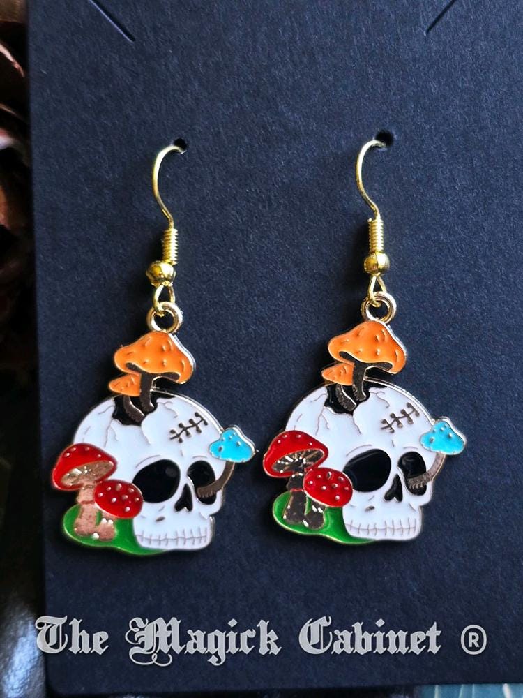 Enamel Skull Earrings with Butterflies Mushrooms and Flowers: Gothic Halloween Jewelry