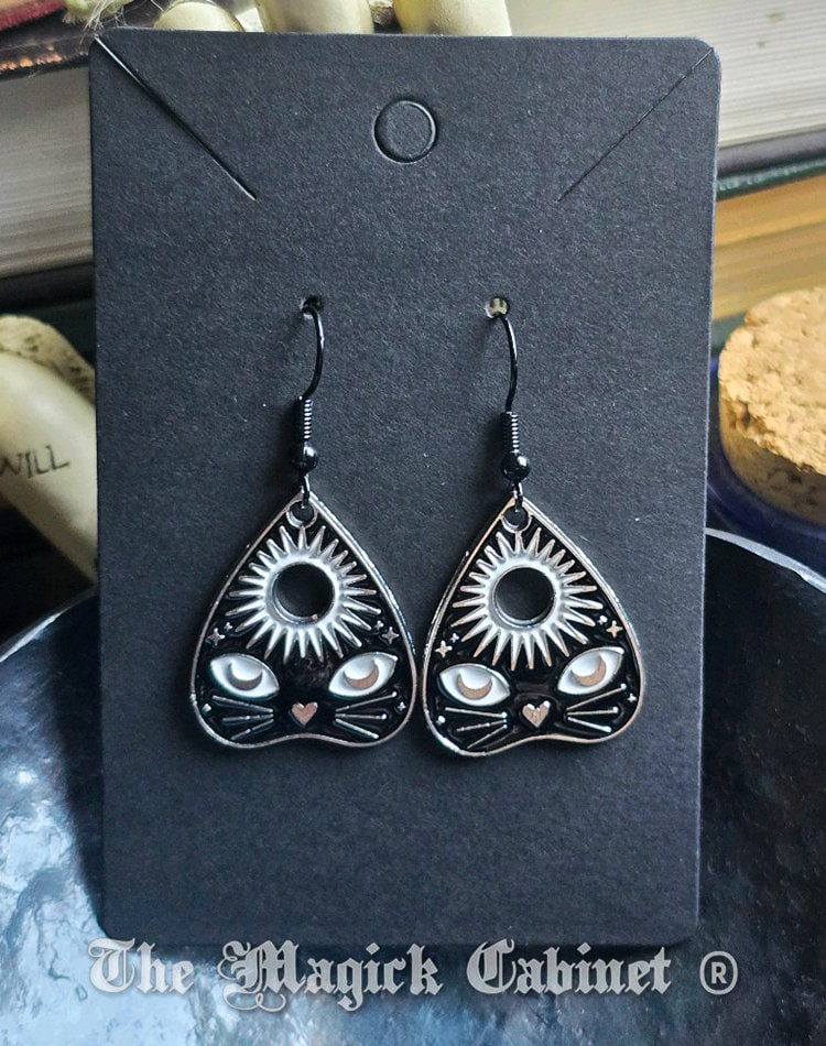 Planchette Cat Earrings: Black & White Enamel Ouija Board Jewelry