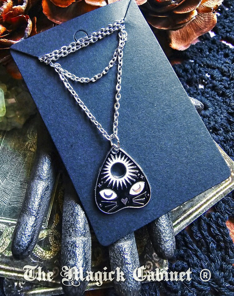 Planchette Cat Eyes Necklace: Enamel Ouija Gothic Jewelry