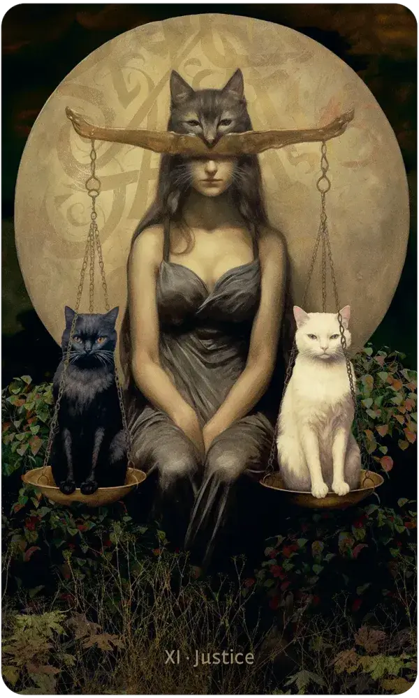 Artistic depiction of a woman with two cats on either side, under a moonlit sky.