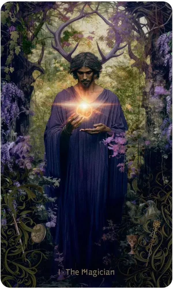 Tarot card featuring a figure in a mystical forest holding a glowing orb, titled 'The Magician'.