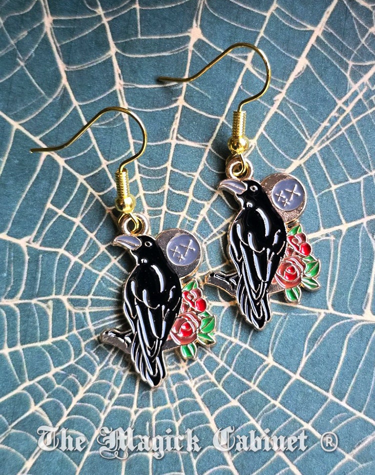 Enamel Raven Earrings: Goth Halloween Crow Jewelry
