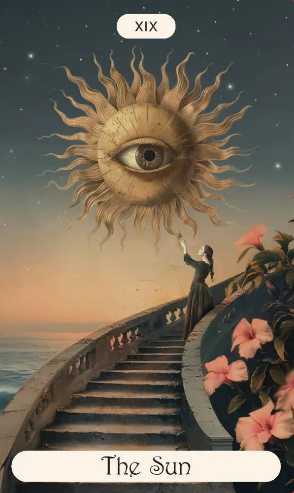 Vintage-style illustration of 'The Sun' tarot card with a sun, eye, and person on a staircase.