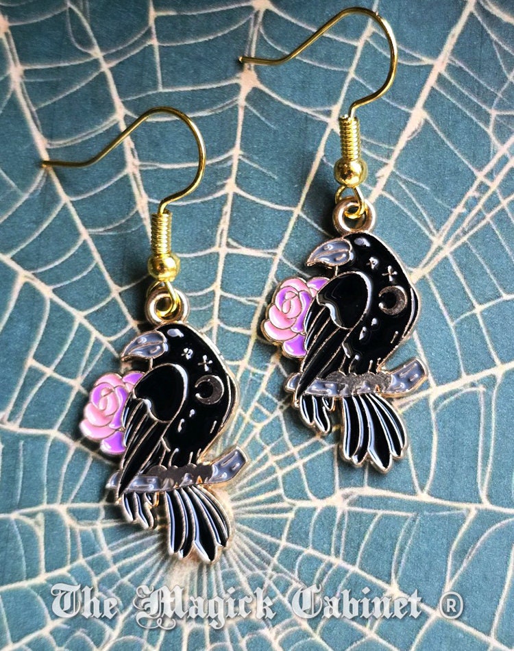 Enamel Raven Earrings: Goth Halloween Crow Jewelry