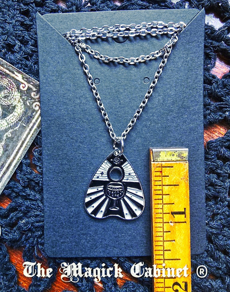 Planchette Necklace: Black & White Enamel Charm, Gothic Halloween Jewelry