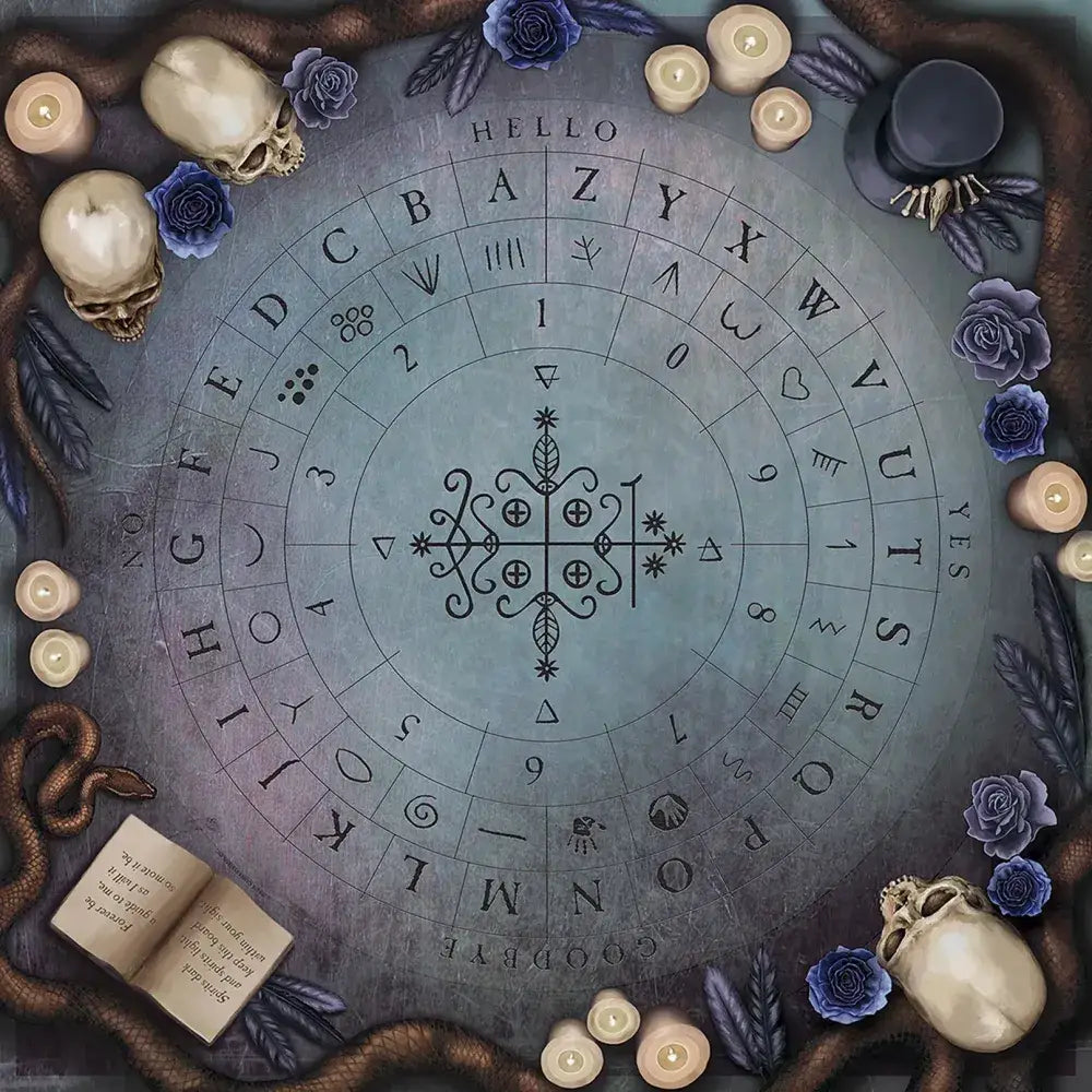 Circular design with alphabet, numbers, and symbols surrounded by candles, skulls, and flowers on a dark background.