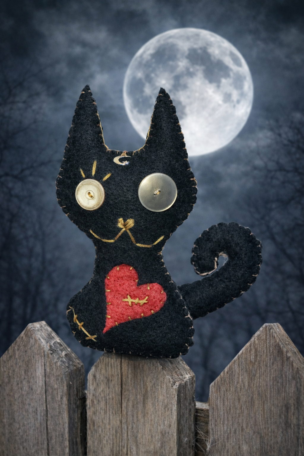 A handmade black felt cat toy with large button eyes, gold stitched details, and a red felt heart on its chest, sitting on a wooden fence in front of a full moon and bare tree branches.